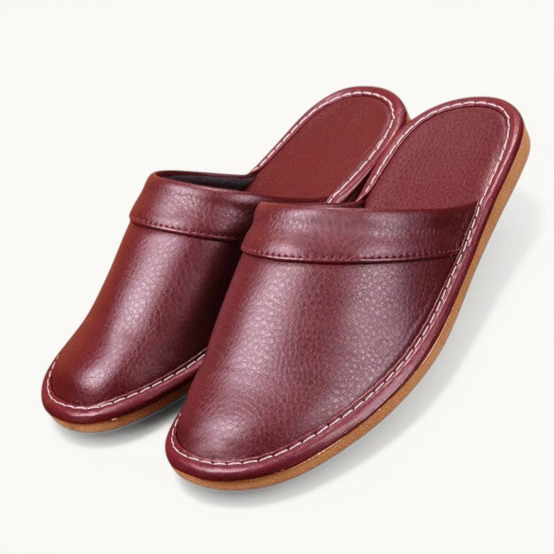 Affordable PU Leather Slipper Men's Home Shoes Winter Waterproof Slippers Unisex Indoor Shoes Room Guest Slipper Man Flip Flops Wine red / CN 37-38