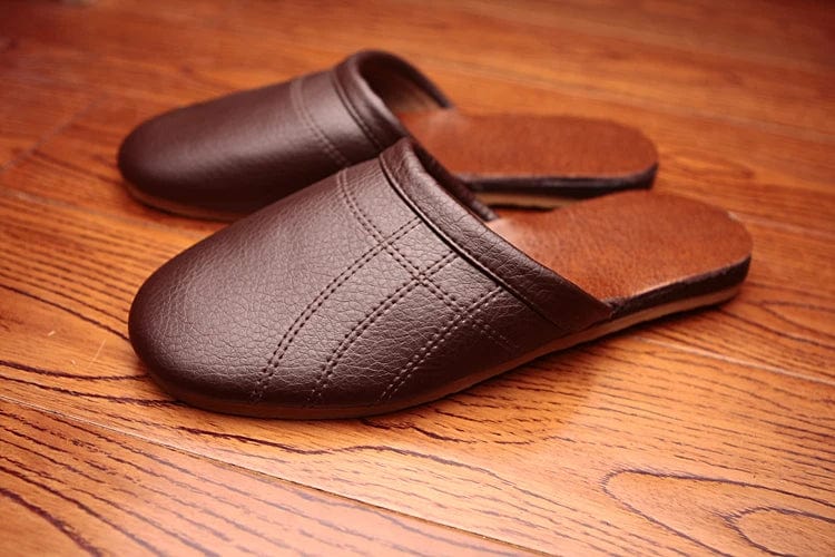 Solid Color Leather Couple's Spring/Autumn Indoor Slippers Anti-Slip Soft and Warm Home Shoes for Men&Women