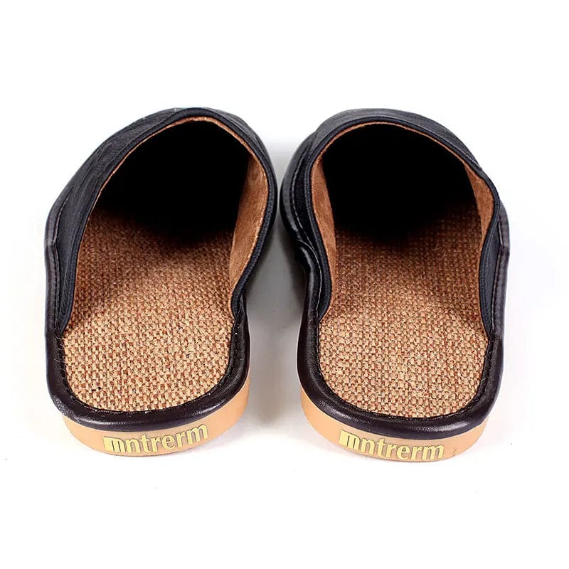 Mntrer 2024 Genuine Leather Men's Spring And Autumn Slippers Linen Bottom Home Slippers Men Indoor Flat Slippers Basic Slides