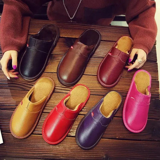 First Layer Cowhide Slippers Women and Men Winter Indoor Warm Lovers Thick Wool Anti-skid Leather Slippers Cotton Slippers Women