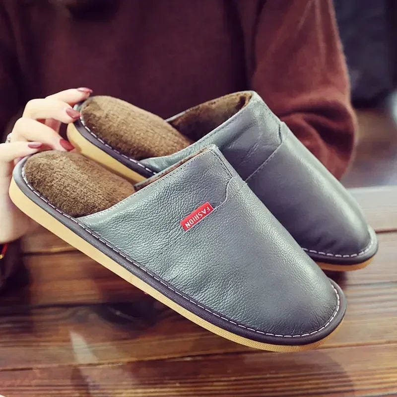 First Layer Cowhide Slippers Women and Men Winter Indoor Warm Lovers Thick Wool Anti-skid Leather Slippers Cotton Slippers Women Silver Gray / CN35-36 250mm