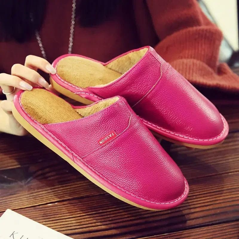 First Layer Cowhide Slippers Women and Men Winter Indoor Warm Lovers Thick Wool Anti-skid Leather Slippers Cotton Slippers Women Rose Red / CN37-38 260mm