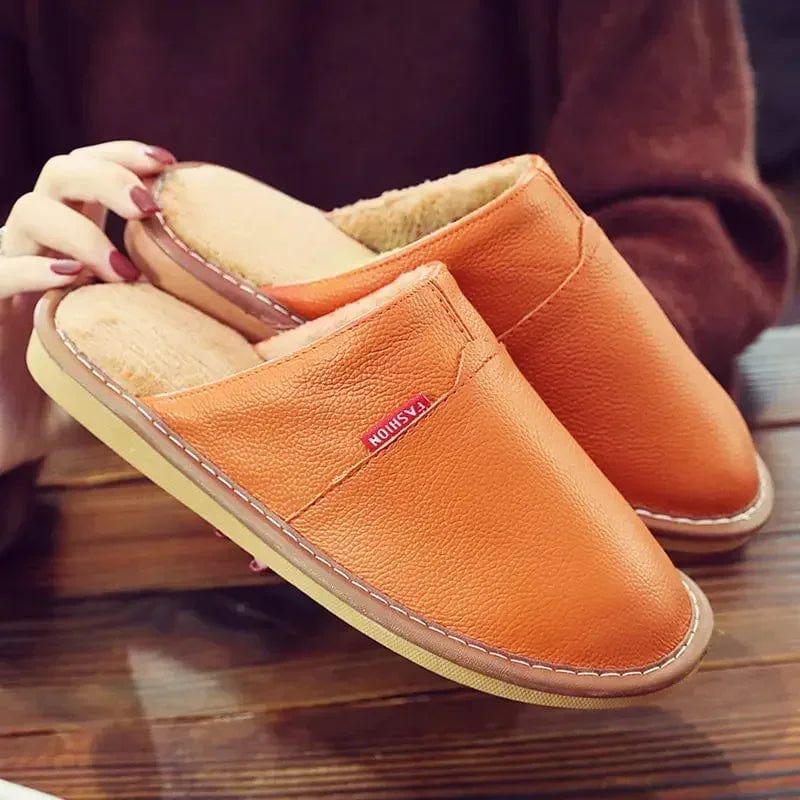 First Layer Cowhide Slippers Women and Men Winter Indoor Warm Lovers Thick Wool Anti-skid Leather Slippers Cotton Slippers Women