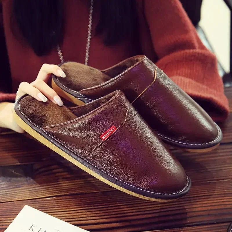 First Layer Cowhide Slippers Women and Men Winter Indoor Warm Lovers Thick Wool Anti-skid Leather Slippers Cotton Slippers Women Brown / CN35-36 250mm