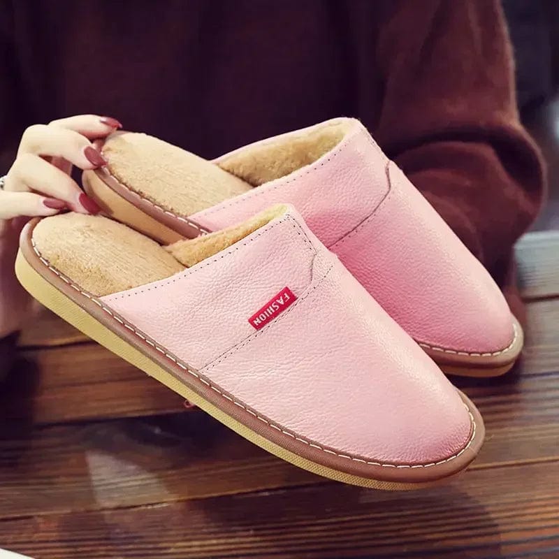 First Layer Cowhide Slippers Women and Men Winter Indoor Warm Lovers Thick Wool Anti-skid Leather Slippers Cotton Slippers Women Pink / CN37-38 260mm