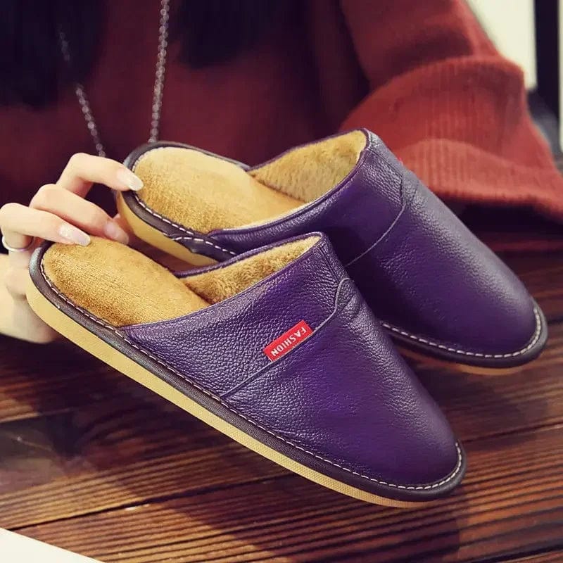 First Layer Cowhide Slippers Women and Men Winter Indoor Warm Lovers Thick Wool Anti-skid Leather Slippers Cotton Slippers Women Purple / CN37-38 260mm