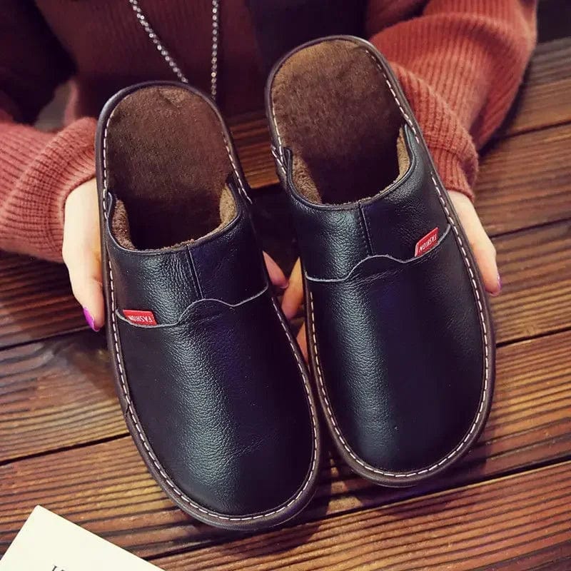 First Layer Cowhide Slippers Women and Men Winter Indoor Warm Lovers Thick Wool Anti-skid Leather Slippers Cotton Slippers Women