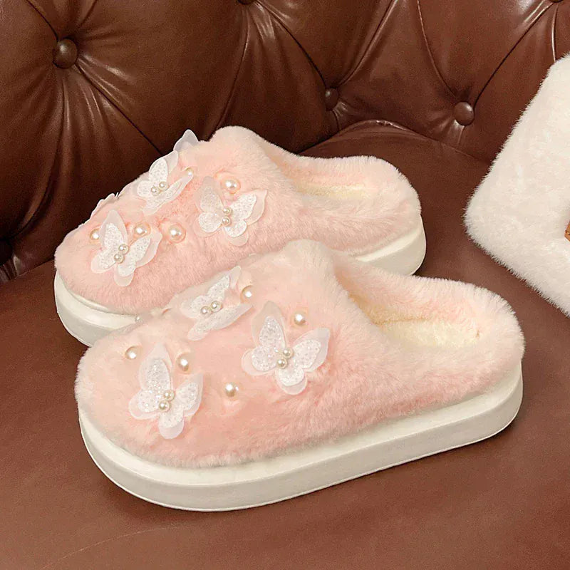 Chausson femme fourrure -  Papillon Rose / 35-36