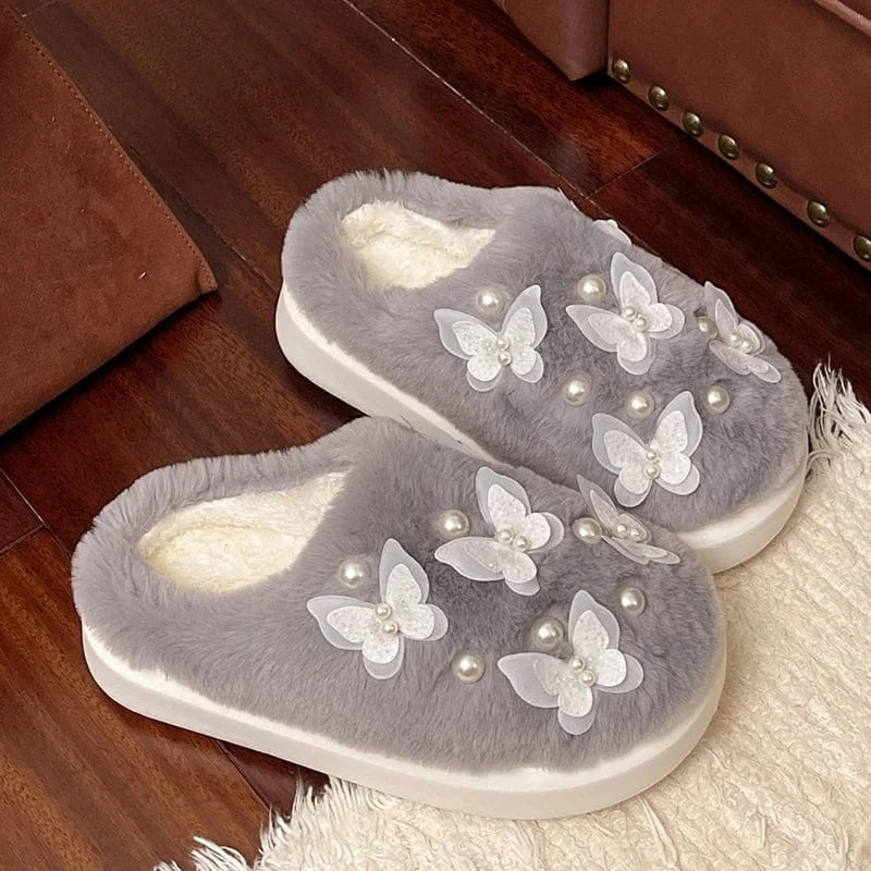 Chausson femme fourrure -  Papillon Gris / 35-36