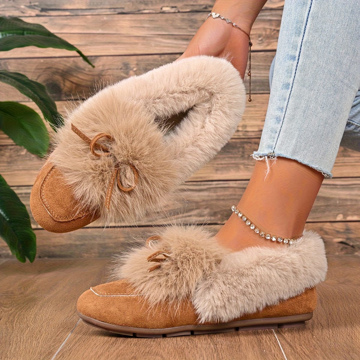 Chaussons en fourrure femme Camel / 34-35