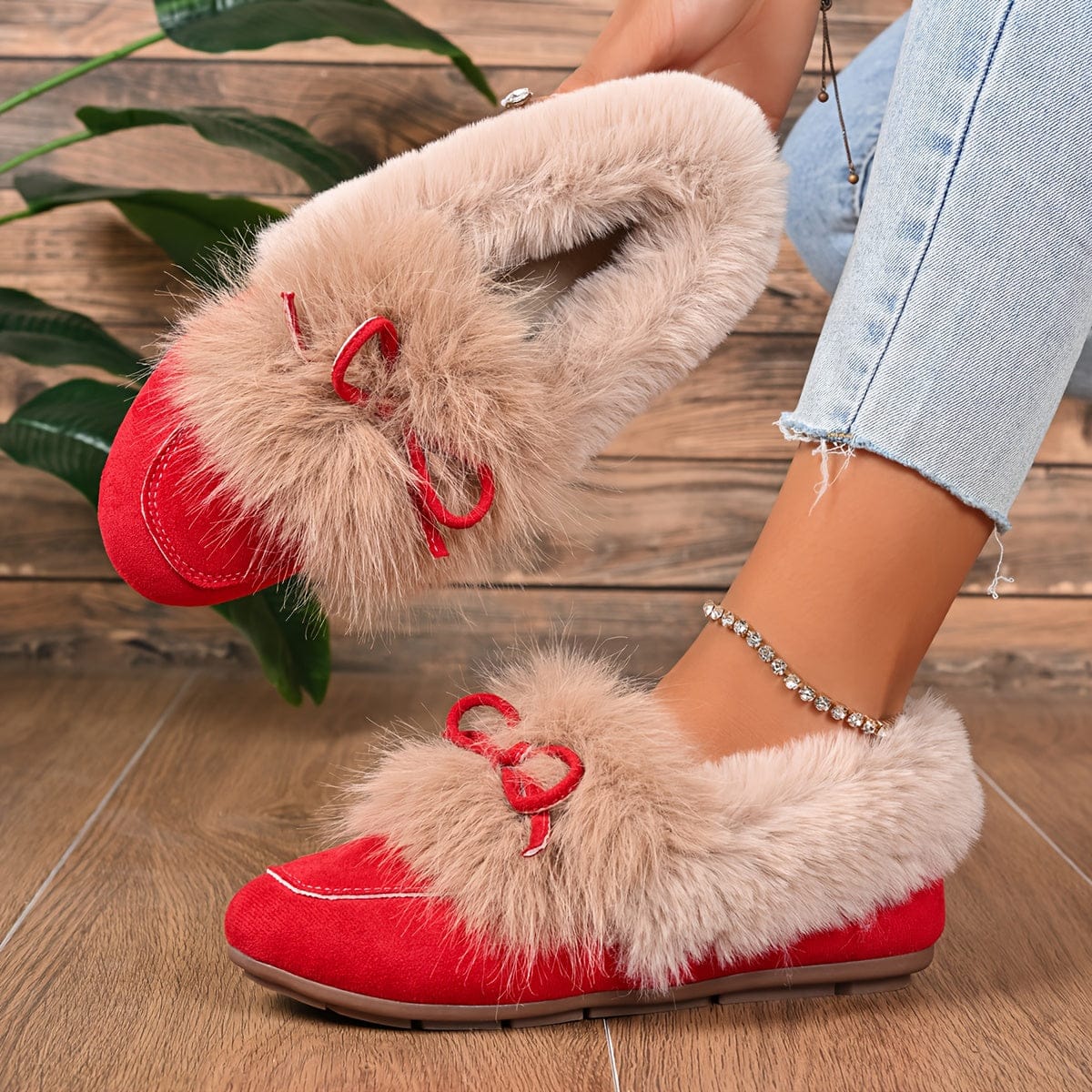 Chaussons en fourrure femme Rouge / 34-35