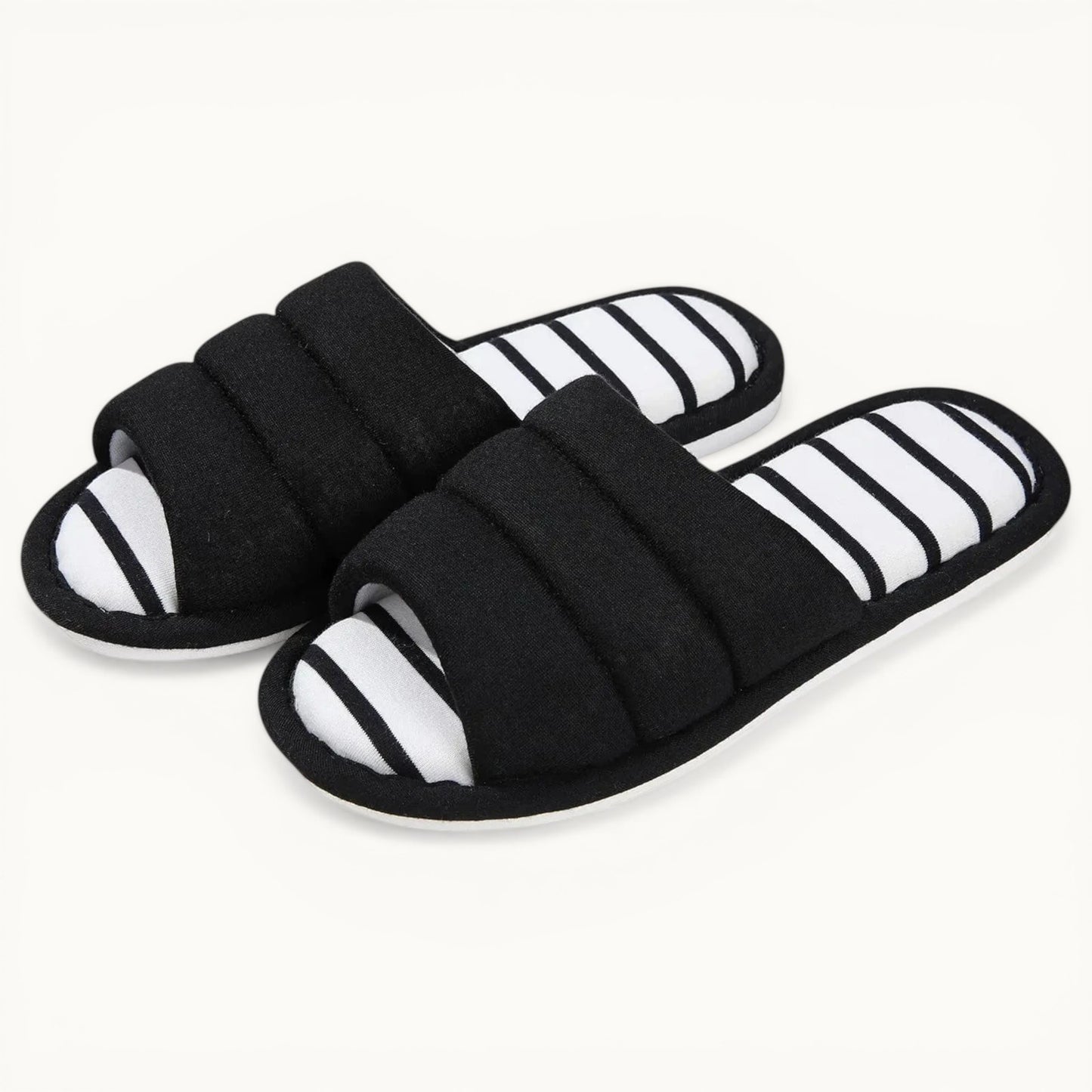Comwarm – pantoufles d'intérieur en coton à bout ouvert pour femmes, tongs souples et décontractées pour la maison, en mousse à mémoire de forme, chaussures plates pour chambre à coucher Black / 43-44(10.2-10.4inch) / CHINA