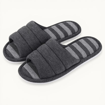 Comwarm – pantoufles d'intérieur en coton à bout ouvert pour femmes, tongs souples et décontractées pour la maison, en mousse à mémoire de forme, chaussures plates pour chambre à coucher Dark Grey / 43-44(10.2-10.4inch) / CHINA