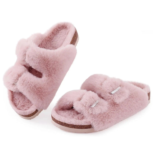 Comwarm-Pantoufles pelucheuses pour femmes, sandales d'hiver en fourrure moelleuse avec double boucle, intérieur et extérieur, Parker ouvert, toboggans en fourrure plate pour la maison
