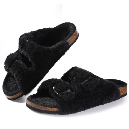 Comwarm-Pantoufles pelucheuses pour femmes, sandales d'hiver en fourrure moelleuse avec double boucle, intérieur et extérieur, Parker ouvert, toboggans en fourrure plate pour la maison Black / 38(23cm)