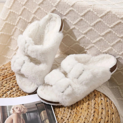 Comwarm-Pantoufles pelucheuses pour femmes, sandales d'hiver en fourrure moelleuse avec double boucle, intérieur et extérieur, Parker ouvert, toboggans en fourrure plate pour la maison