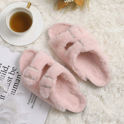 Comwarm-Pantoufles pelucheuses pour femmes, sandales d'hiver en fourrure moelleuse avec double boucle, intérieur et extérieur, Parker ouvert, toboggans en fourrure plate pour la maison