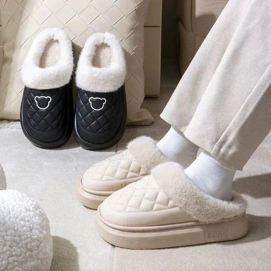 Crestar-Pantoufles pelucheuses d'hiver pour femmes, coordonnantes, imperméables, plate-forme moelleuse, pantoufles d'intérieur chaudes, maison en peluche, toboggans en coton, mode