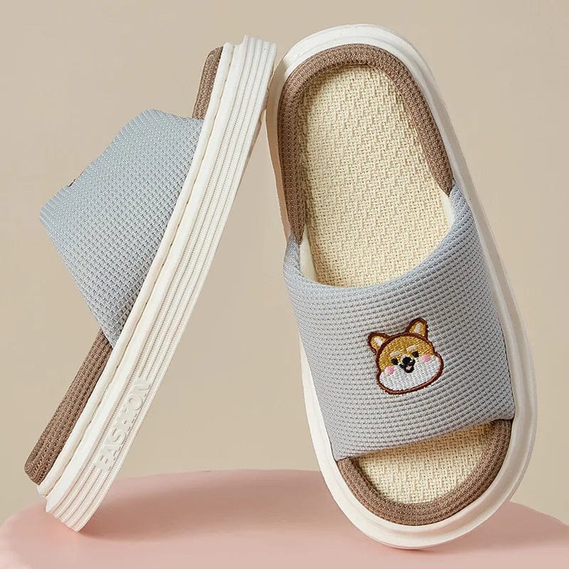 Platform Slippers Women Home Cartoon Animals Cute Designer Shoes Girls 2024 New Casual House Linen Slides Flats Indoor Open Toe Gray / 44-45