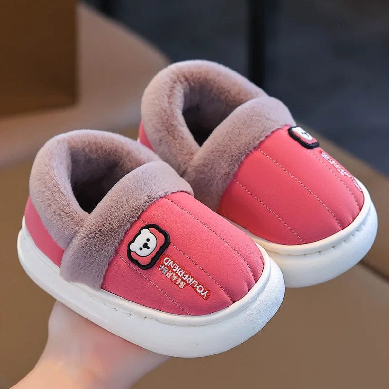 Winter Solid Toddler Kids Slippers PU Warm Plush Boys Girls House Shoes Anti Slip Soft Sole Children Floor Slippers